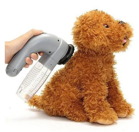 Grey portable pet hair vacuum cleaner with soft rubber head and large collection canister