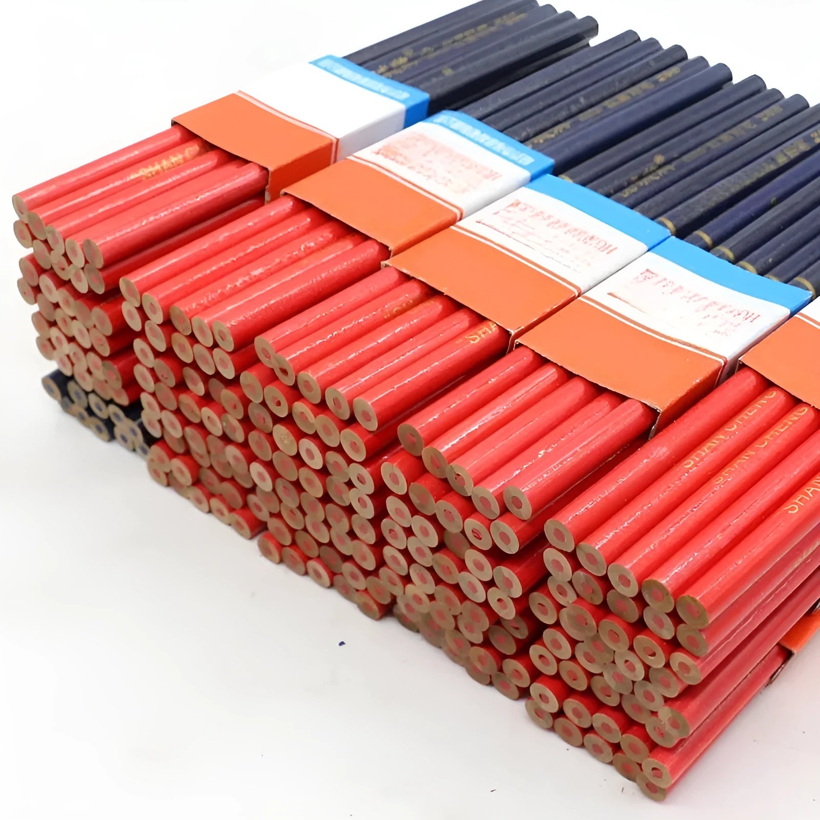 Red and blue two-colour carpenter's pencils with wooden round shells in 10-piece pack
