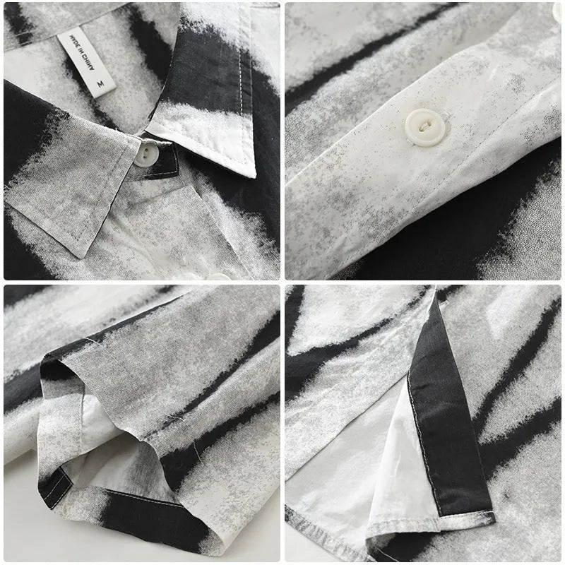 Retro striped short sleeve cardigan shirt in pure cotton fabric available in black or brown colours