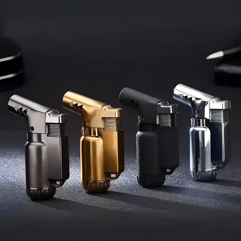HB805-1 full metal windproof lighter in black gold grey silver colours showing compact 72mm size