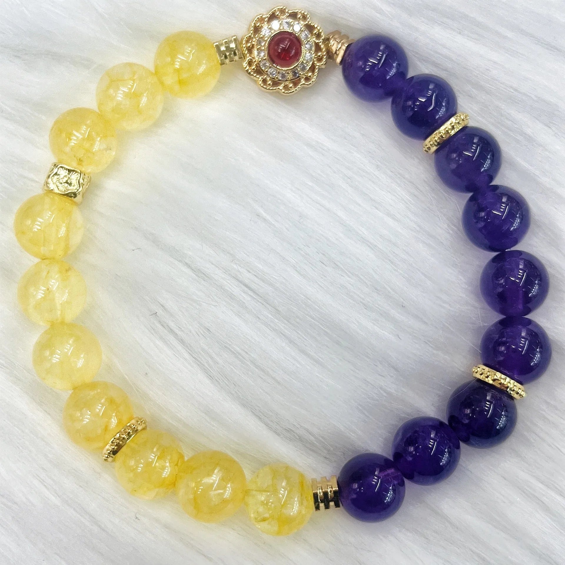 Handmade yellow and purple crystal amethyst bracelet for women with adjustable length