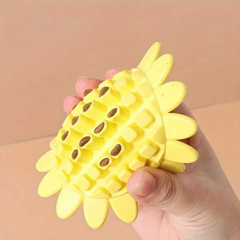 Yellow rubber sunflower dog toy for puppies and dogs, a chewy pet accessory for teething and play.