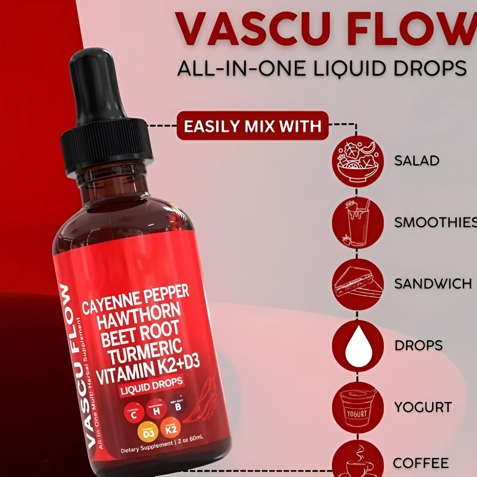 60ml bottle of Vitamin D3 K2 Hawthorn Fruit liquid supplement drops