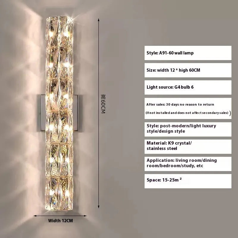Crystal shade wall lamp with stainless steel body in chrome or gold finish, shown in multiple sizes.