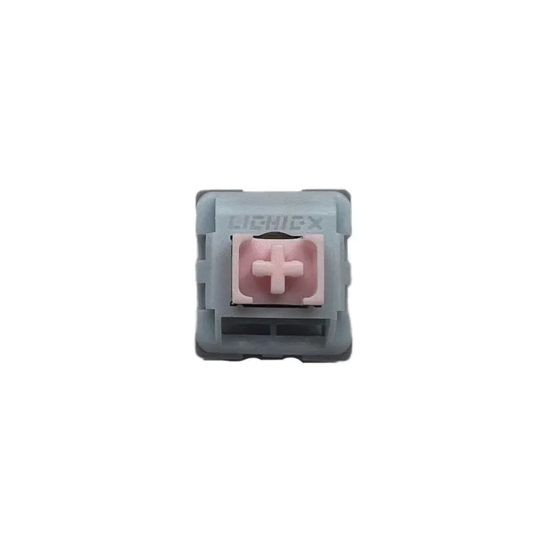Four Dew Axis-4 coloured mechanical keyboard switches showing three-colour composite shaft core and bridge plug-in structure