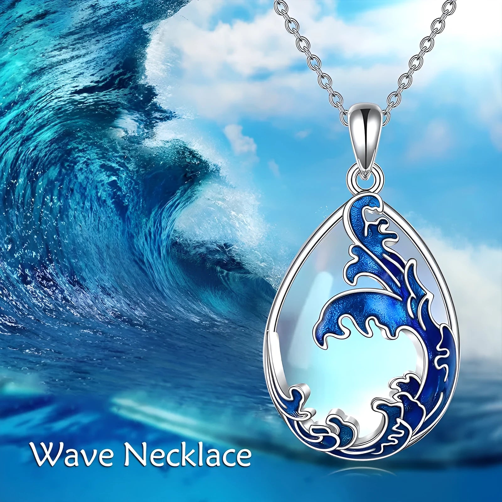 Blue heart-shaped alloy pendant on a necklace chain.