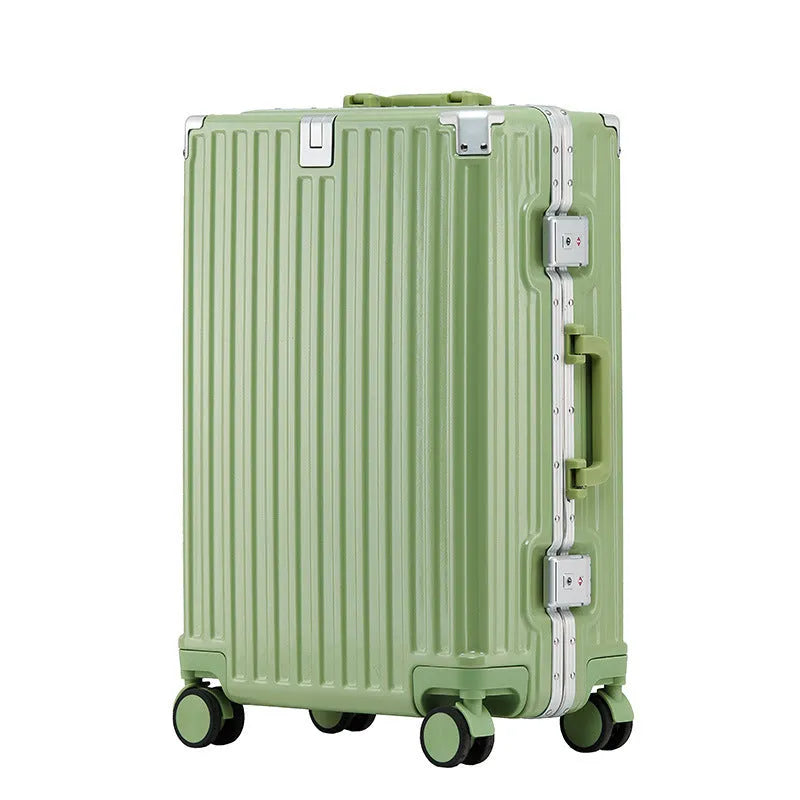 Hard shell aluminium frame luggage in avocado green colour with wheels and retractable handle