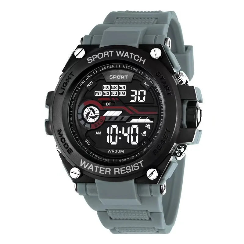 Digital electronic wristwatch for teenagers and students shown in one of ten available colour variations.