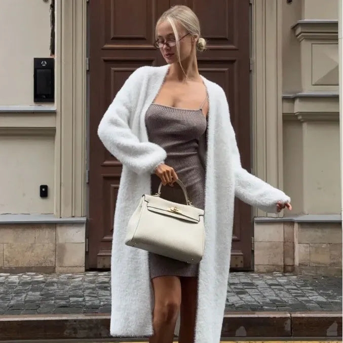 White thick knitted women's cardigan jacket with 105cm length and loose fit