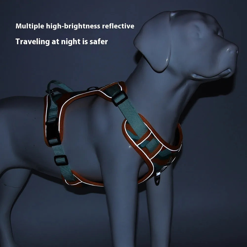 Orange dog harness and lead with chest strap, handle, and reflective strips for commuter safety.