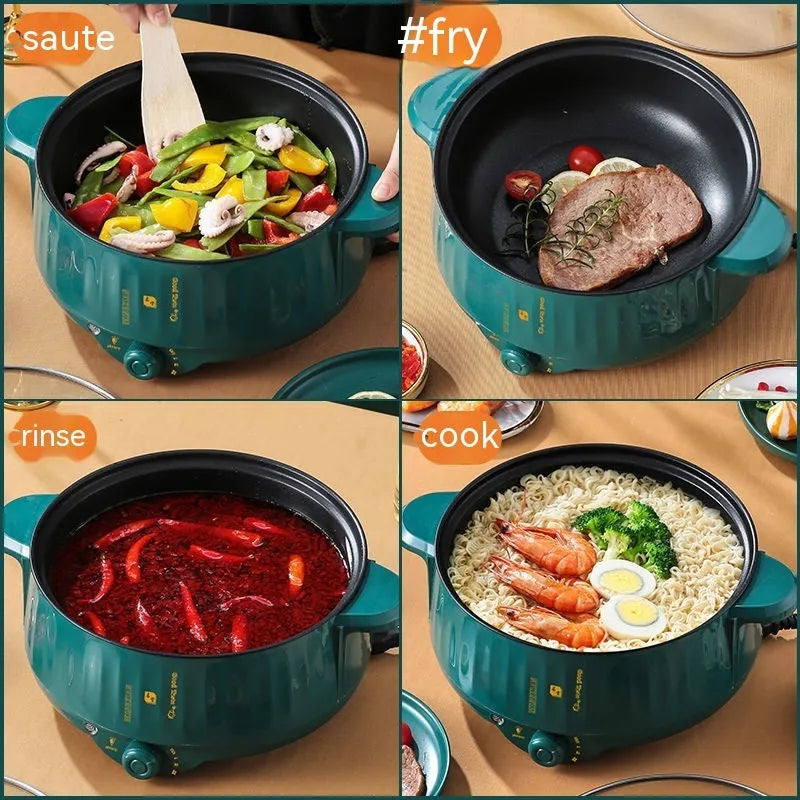 Stainless steel electric hot pot with non-stick coating and integrated heating base.