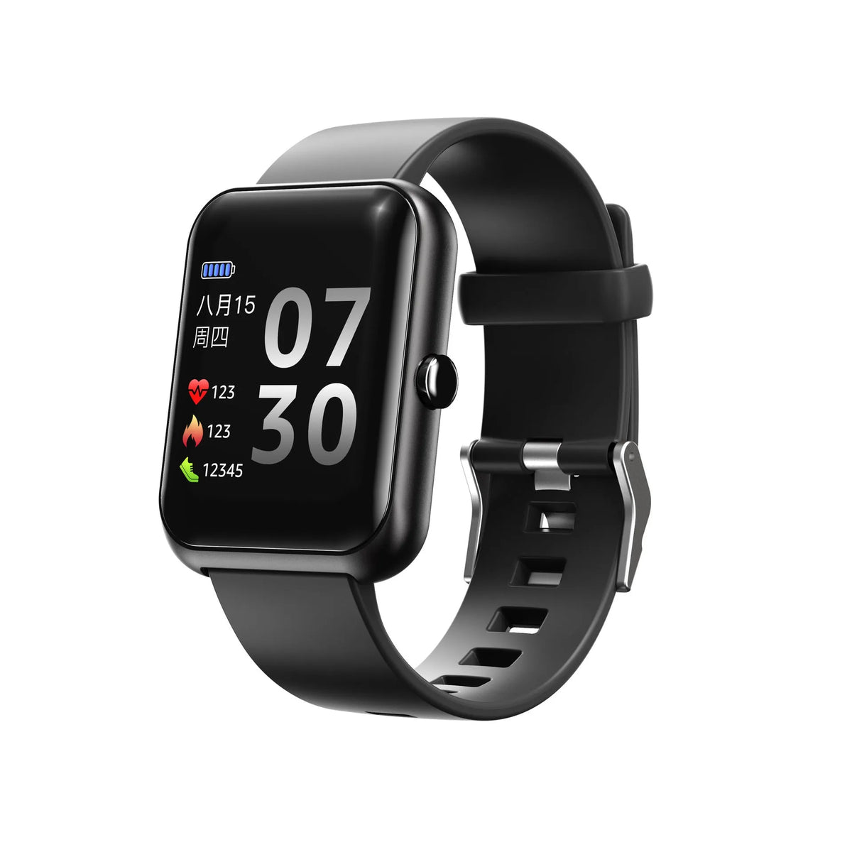 Square smart watch with silicone strap and anodised aluminium case in multiple colours