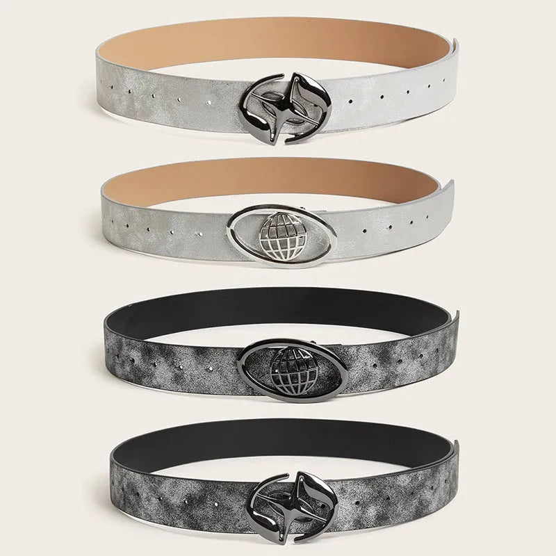 Retro style women's wide belt with oval alloy buckle in grey white and silver white colours.