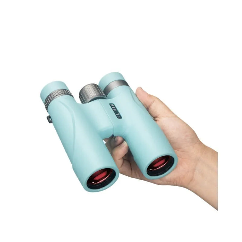 Blue or grey coloured compact 10x32 binoculars with wine red film coating on the lenses.