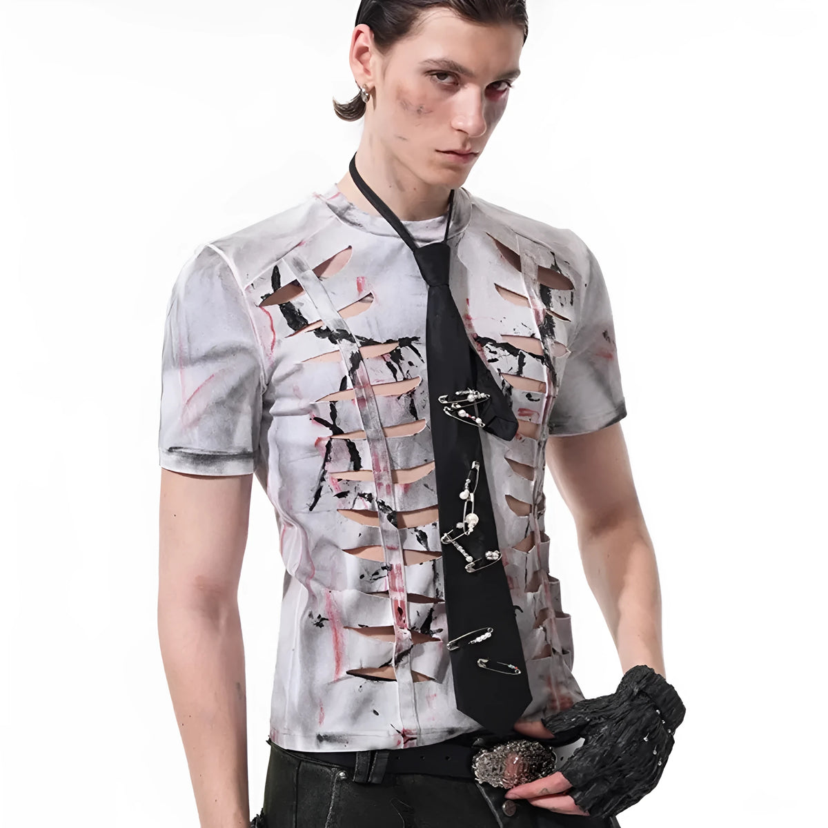 Men's white cotton T-shirt with cut hollow-out pattern on short sleeves