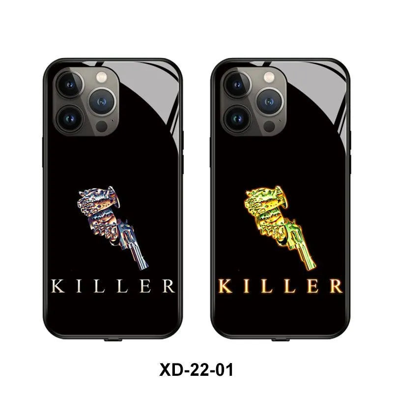 Smart luminous mobile phone case for iPhone with TPU and tempered glass construction.