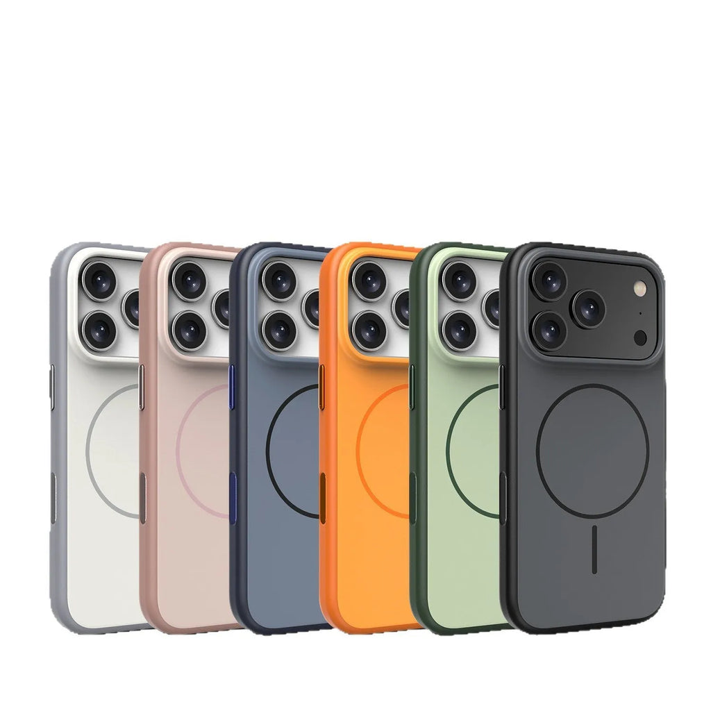 Blue frosted magnetic iPhone case with a dedicated AI photography button on the side.