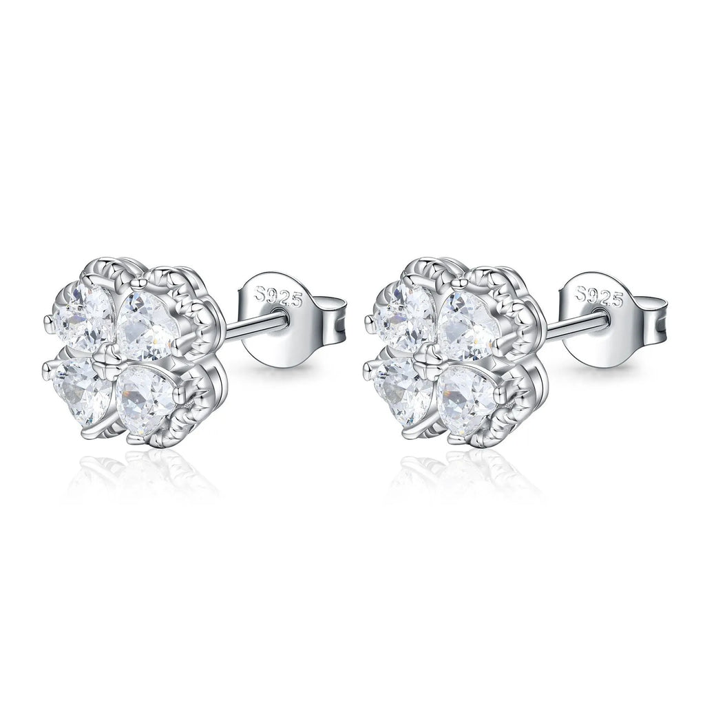 Women's heart-shaped zircon and four-leaf clover earrings in white gold coloured 925 sterling silver.