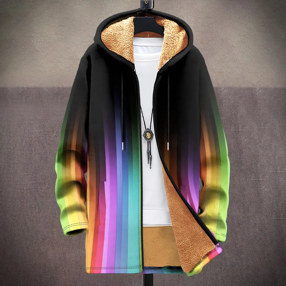 Man wearing a loose fit hooded cardigan with a front zipper and digital multicolour print pattern.