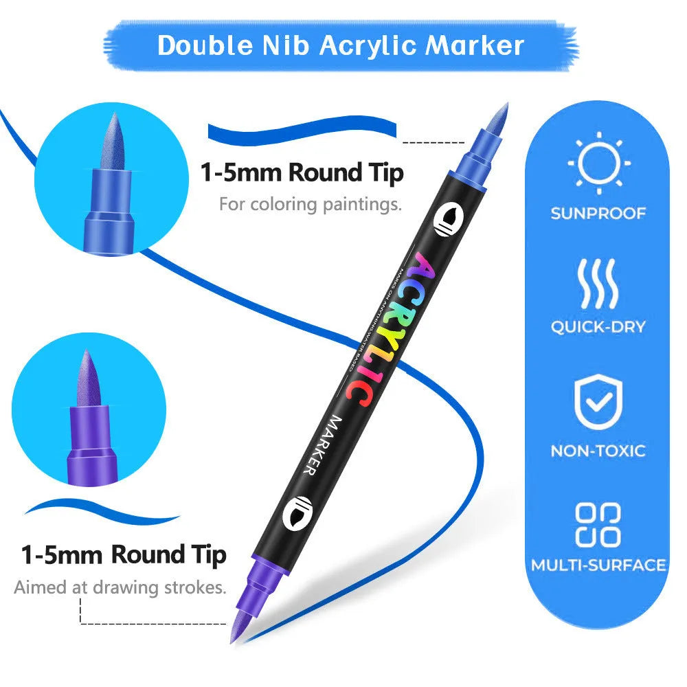 Set of double-ended acrylic marker pens with washable opaque ink in various colours.