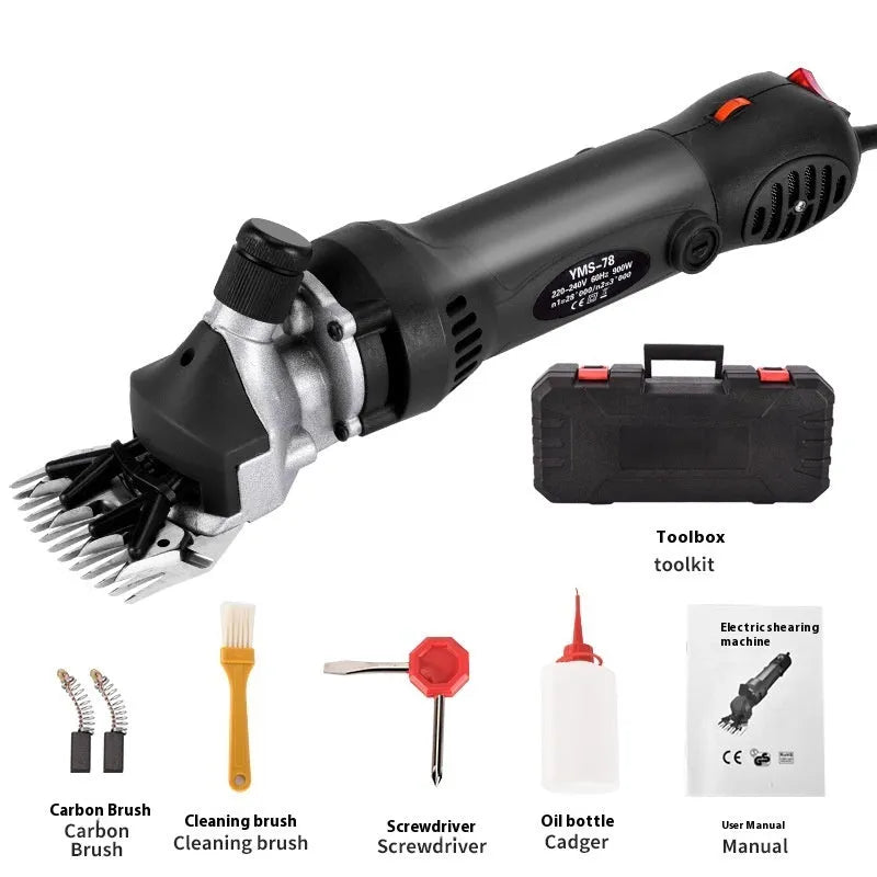 Yellow electric wool shears with 110V plug and multiple cutter heads for animal shearing