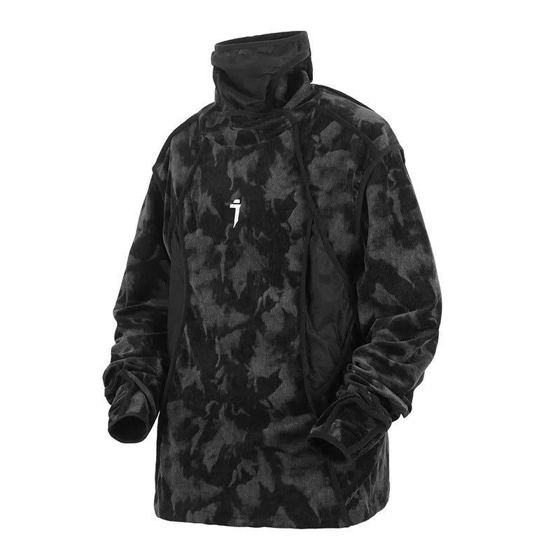 Men's black tie dye printed sweater with a finger turtleneck collar and loose drop-shoulder sleeves.