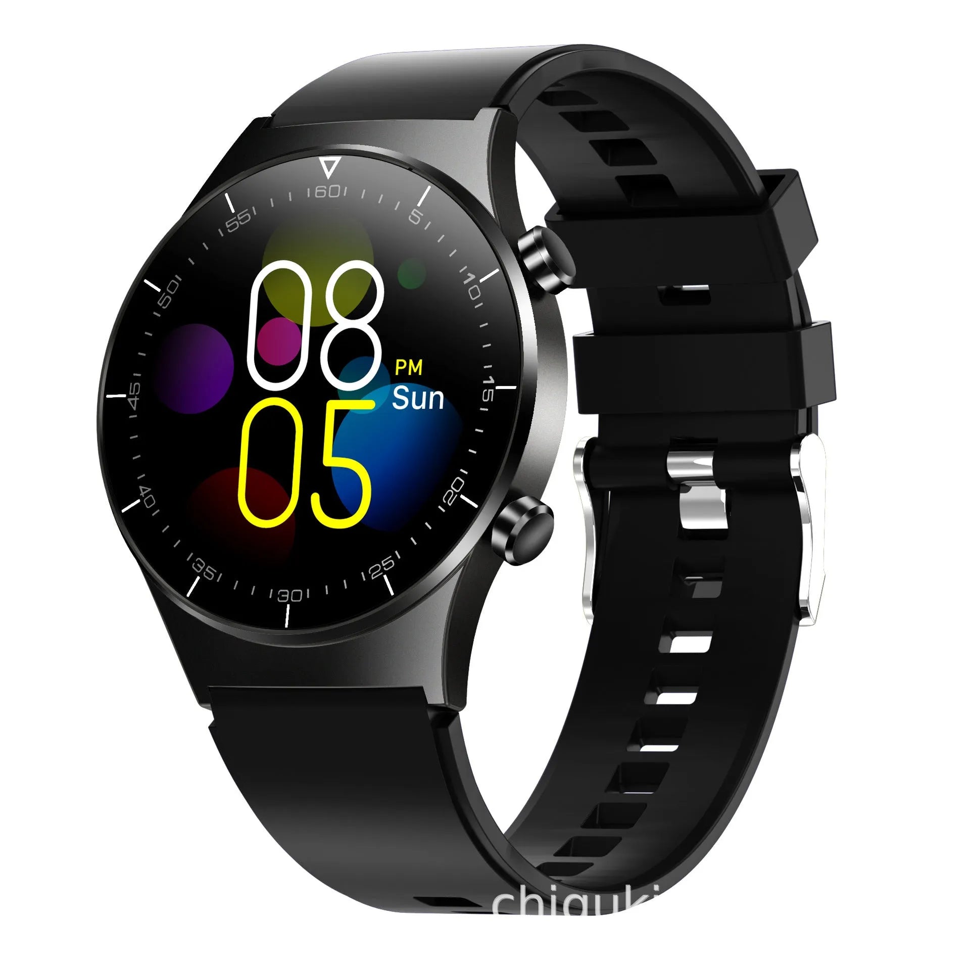 Black smart watch with glass touchscreen displaying heart rate on wrist