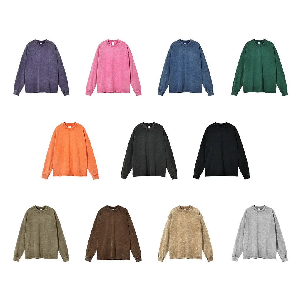 Men's vintage washed cotton long sleeve pullover in batik colour options