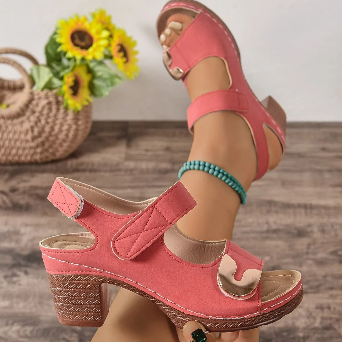Adjustable Velcro Roman sandals in PU leather showing round toe and strap detail.