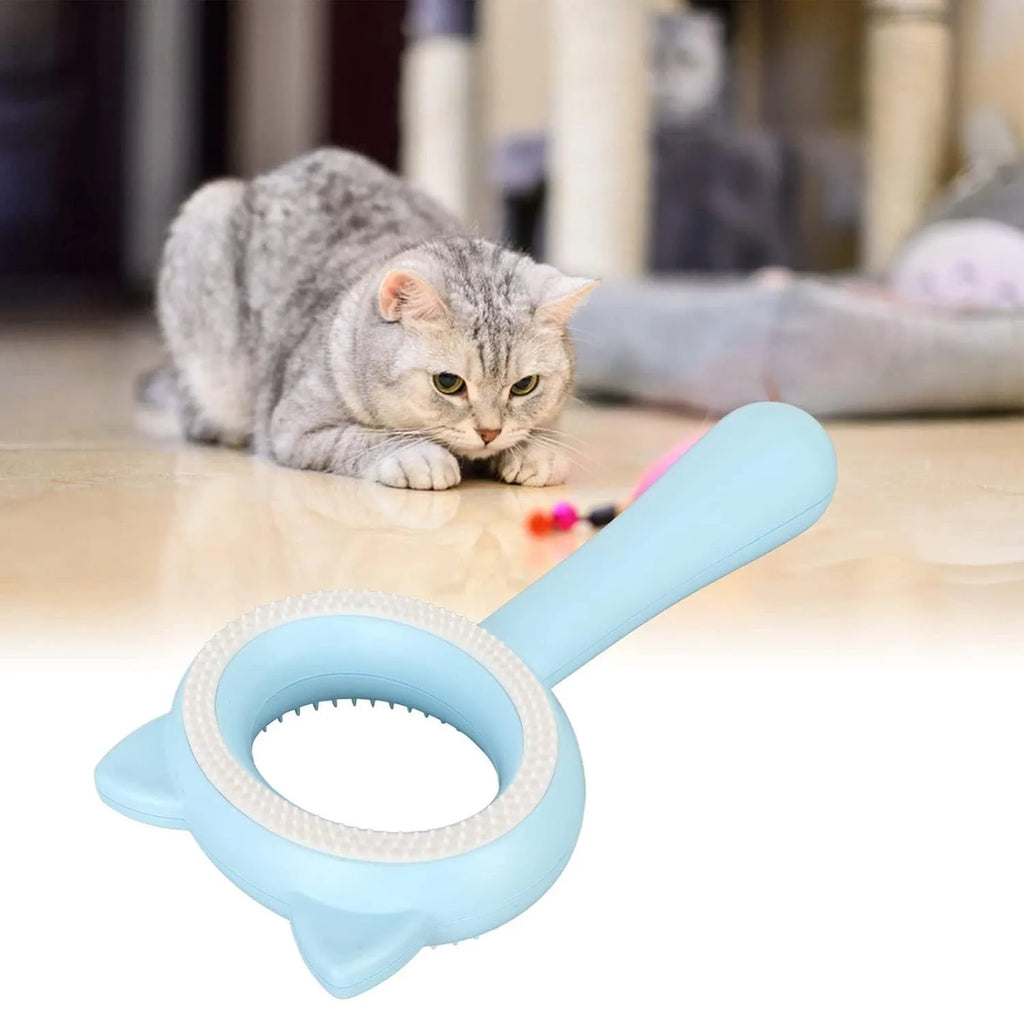 Blue and white double-sided pet grooming brush with ergonomic handle for cats and dogs
