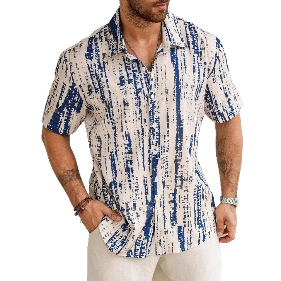 Men's short sleeve casual shirt with 3D printed striped pattern in summer colours