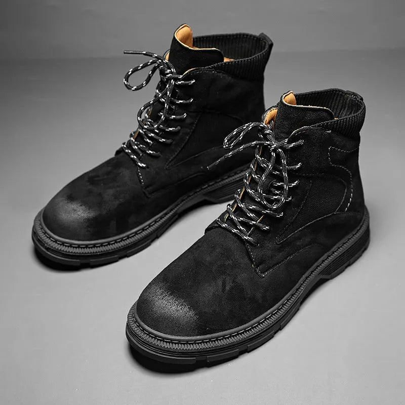 Men's vintage style Martin boots in black, sand, and grey colours with a low thick heel and round toe.