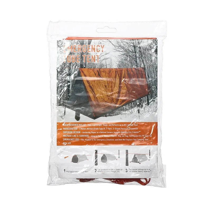 Portable emergency tent with sleeping bag and raincoat in orange or green colours