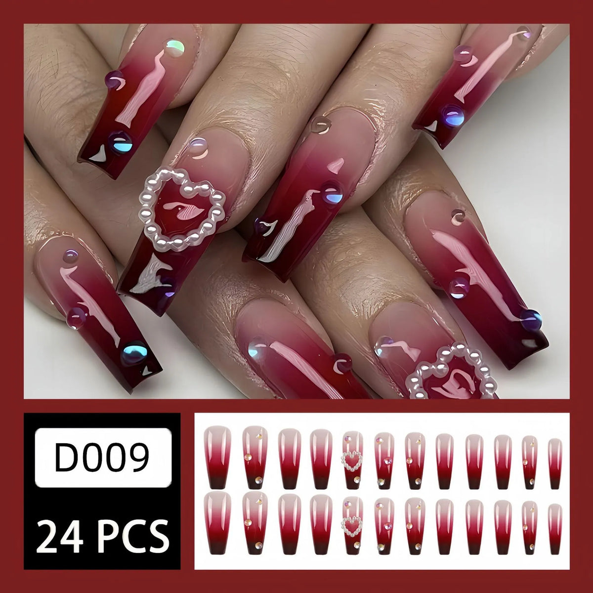 Wine red gradient plaid pattern fake nail tips with pearl hearts in long ballet style