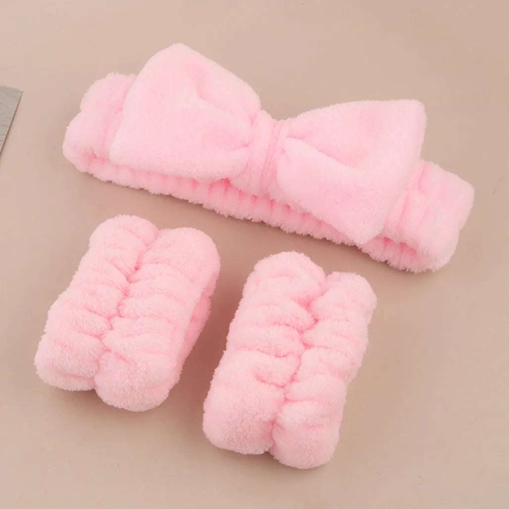 Facial brush set with coral fleece hair band and nylon bristles in multiple colour options