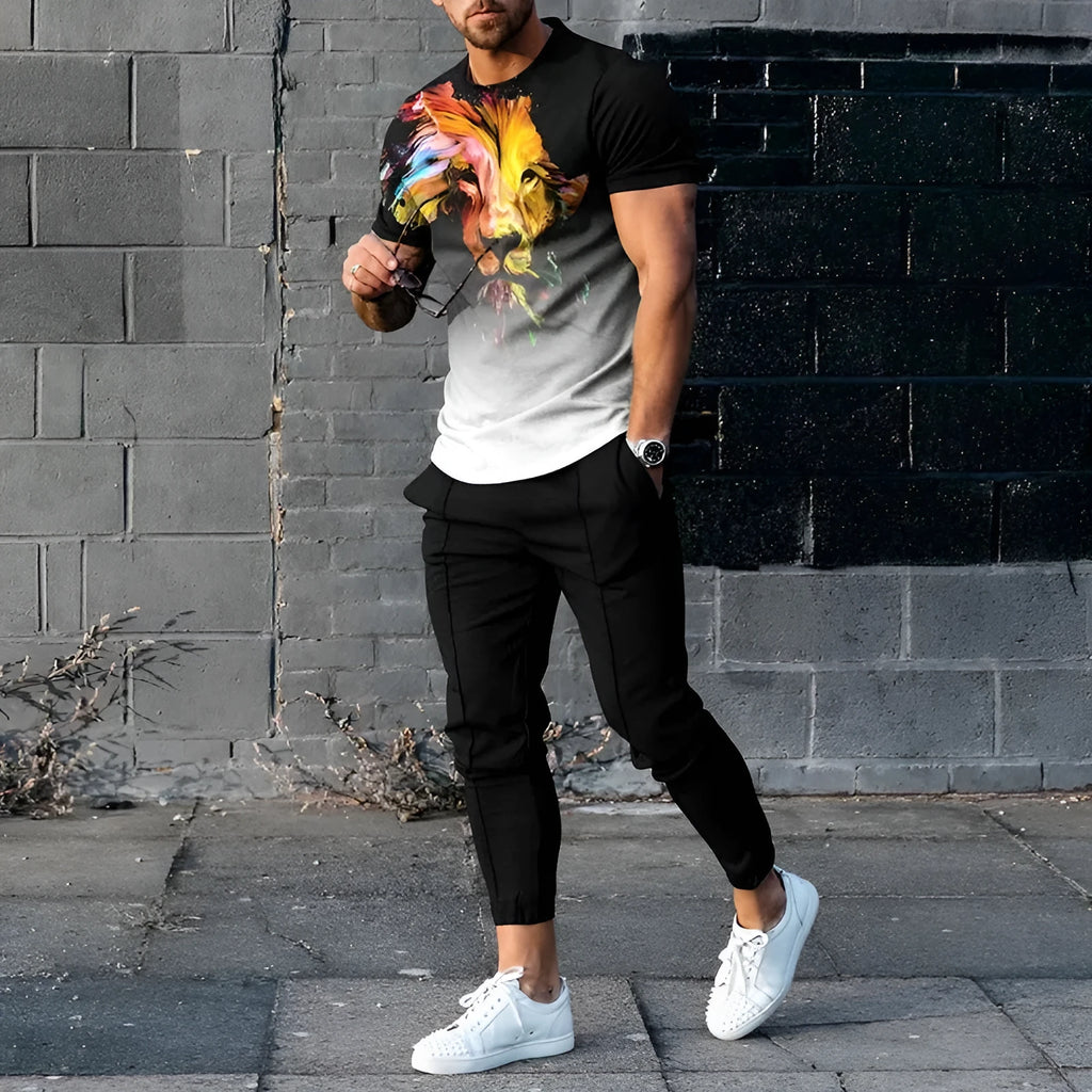 Man wearing a short-sleeved printed pullover and matching trousers from a lightweight polyester sport suit set.