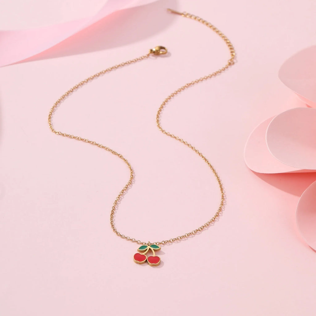 Cherry jewellery set with necklace, bracelet, earrings, and ring in stainless steel with 18K electroplated finish