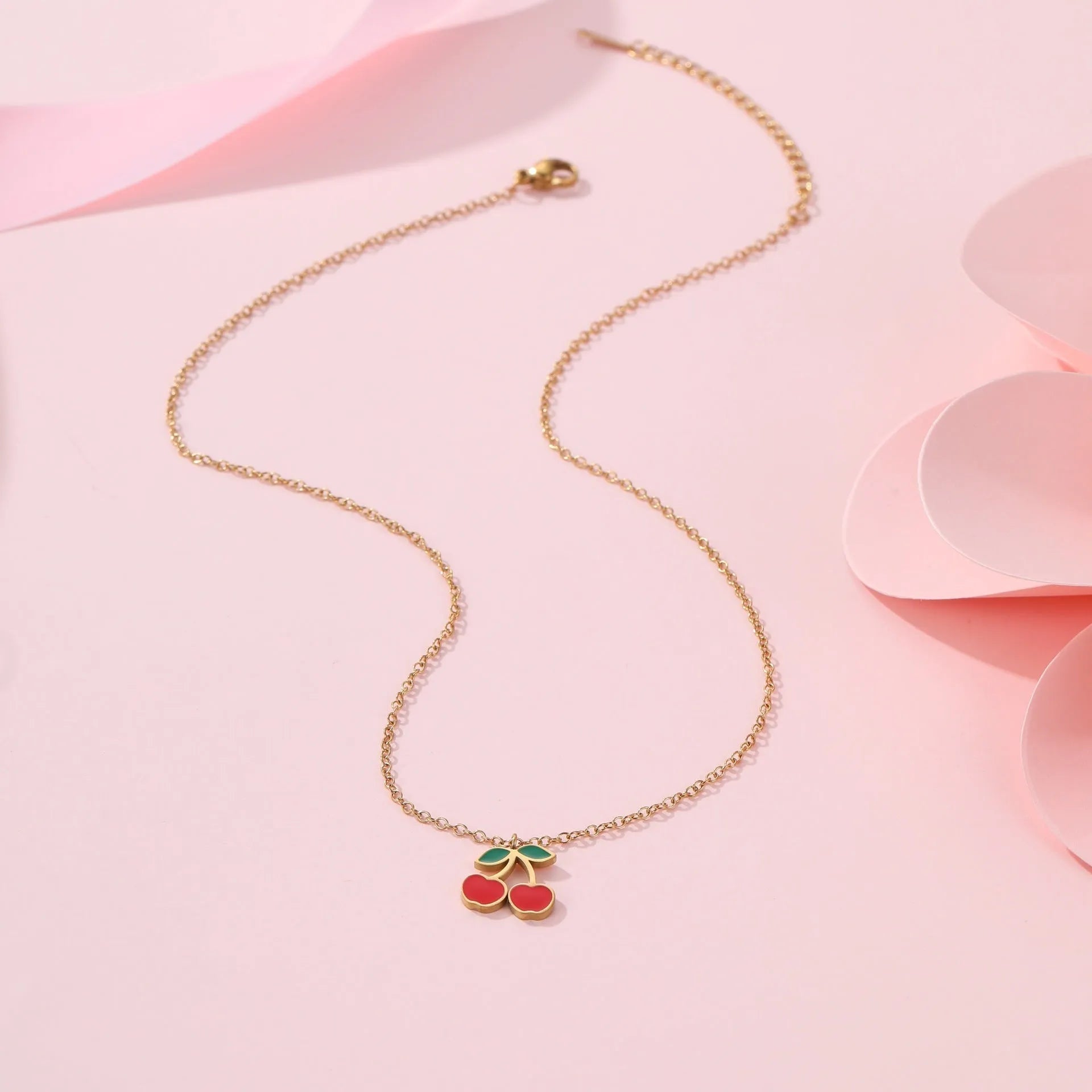 Cherry jewellery set with necklace, bracelet, earrings, and ring in stainless steel with 18K electroplated finish