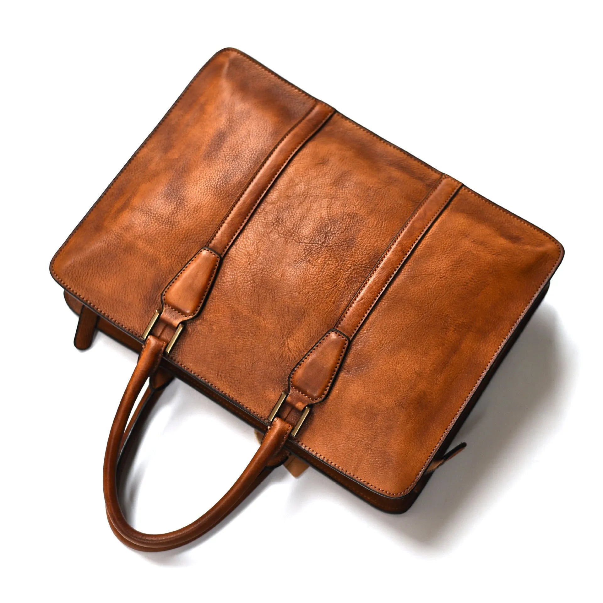 Men's brown leather business handbag with square horizontal shape and top zipper opening