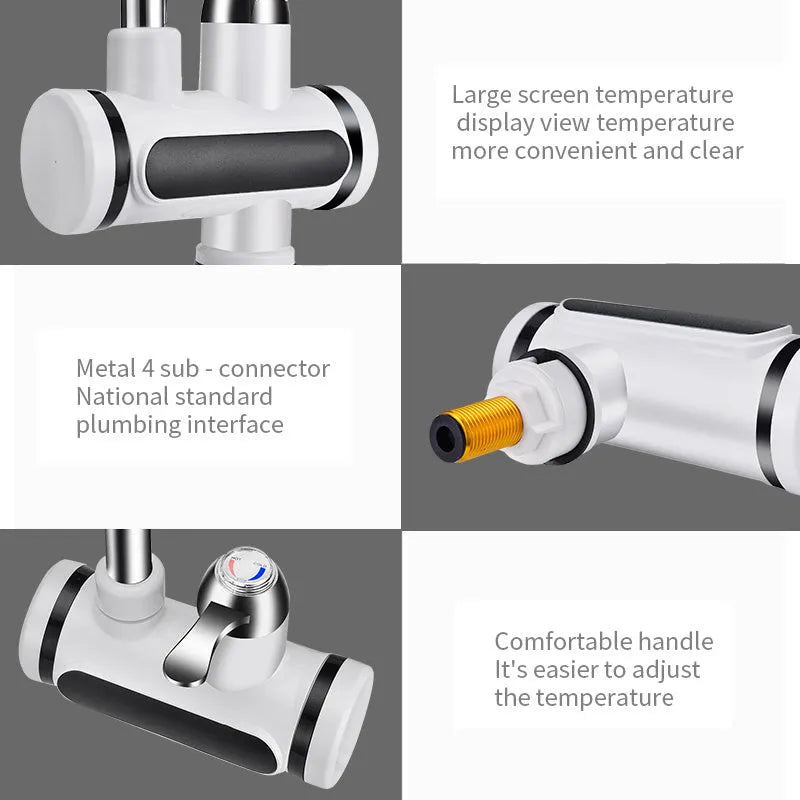 White electric water heater with digital temperature display for kitchen installation