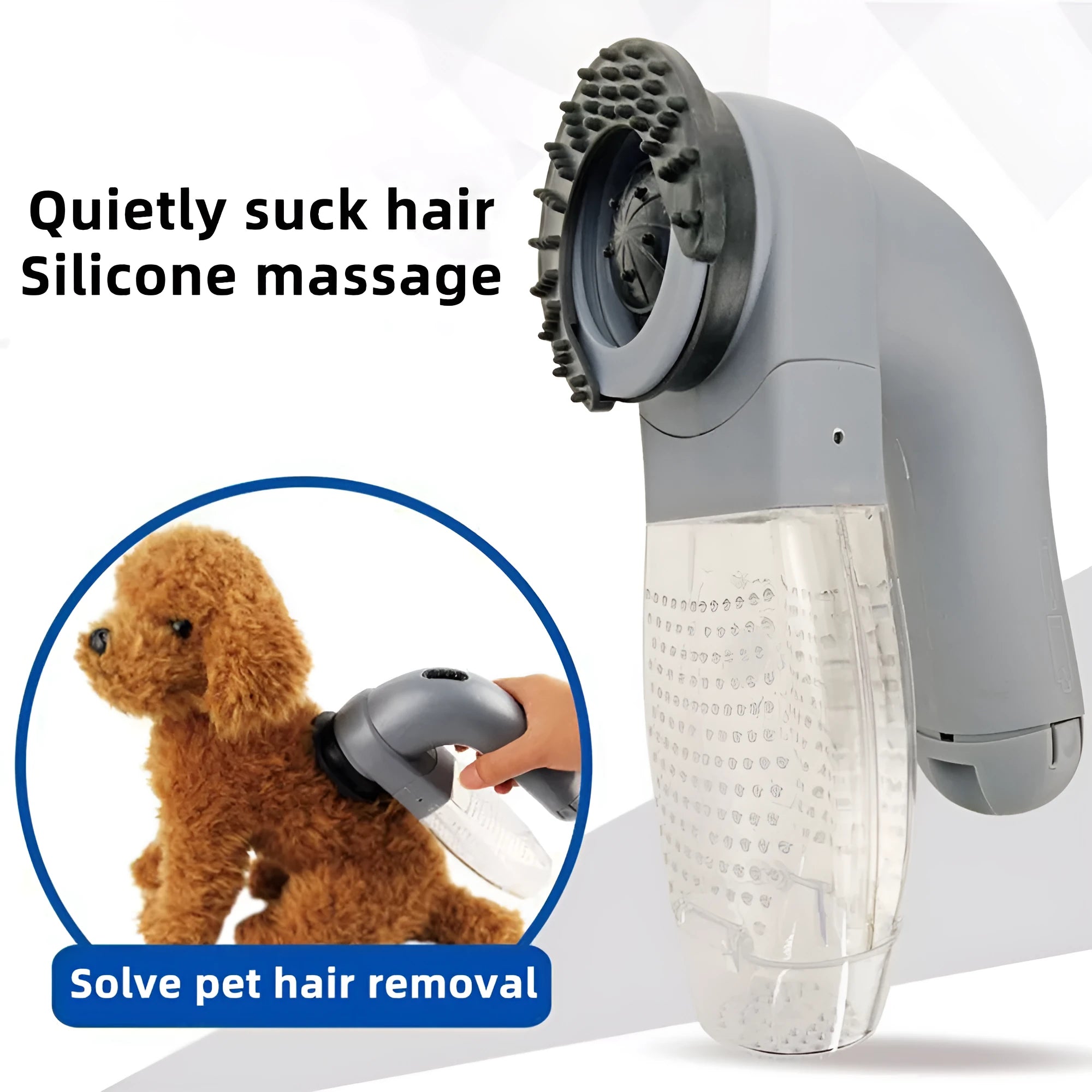 Grey portable pet hair vacuum cleaner with soft rubber head and large collection canister