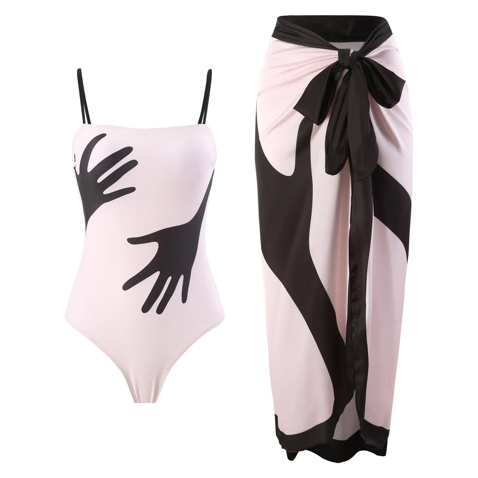 Women's patterned one-piece bikini two-piece set with a light grey tulle skirt attached.