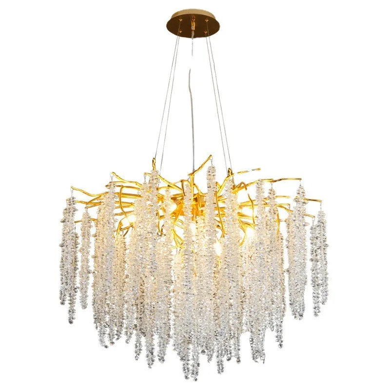 Crystal chandelier light with aluminium alloy body and LED illumination in multiple size configurations