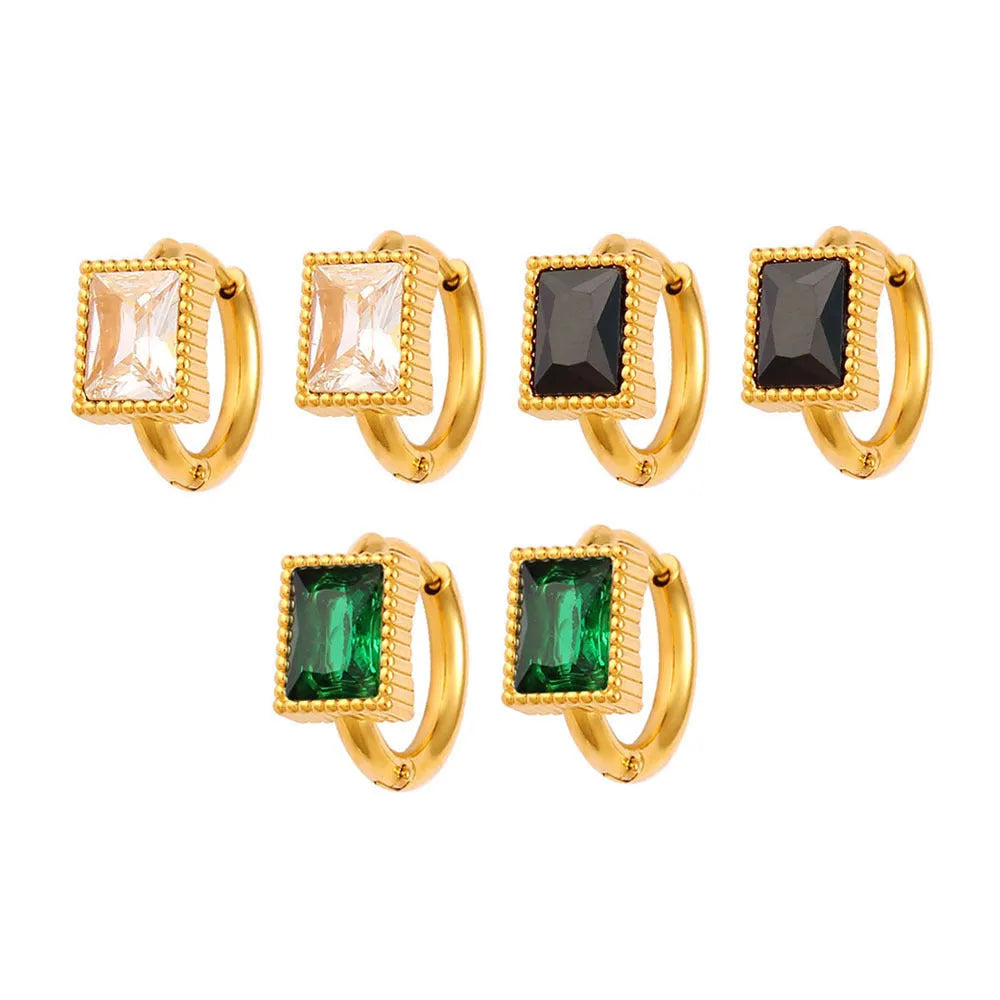 Geometric square zircon stud earrings with a round ring element on stainless steel, in white, black, or green.