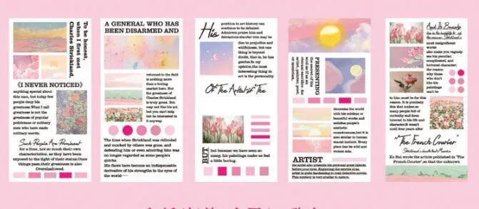 Paper sticker book showing twenty landscape painting stickers in 60x120mm size with eight colour options