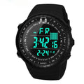 Black men's outdoor electronic watch with 54.74mm plastic case and PU strap WR50M waterproof