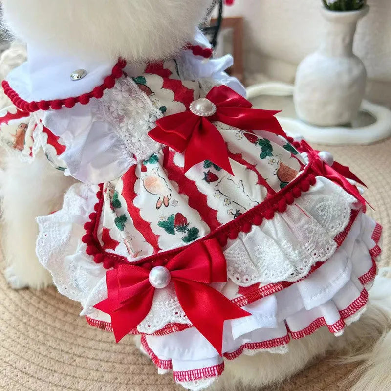 Princess-style rabbit skirt dog dress on a small dog, showing lightweight polyester construction.