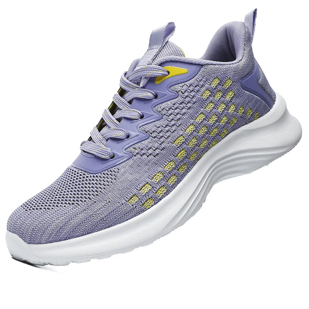 Women's lavender purple and blue Flyknit running shoes with mesh lining and striped pattern.