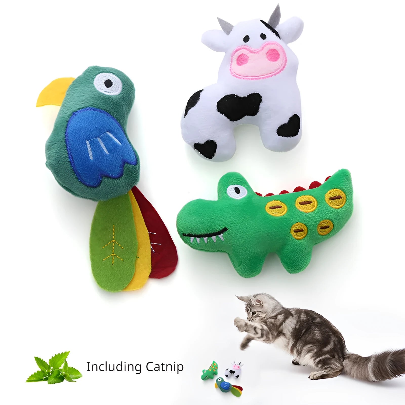 Plush cat toy in cow parrot or crocodile shape with catnip for interactive pet play