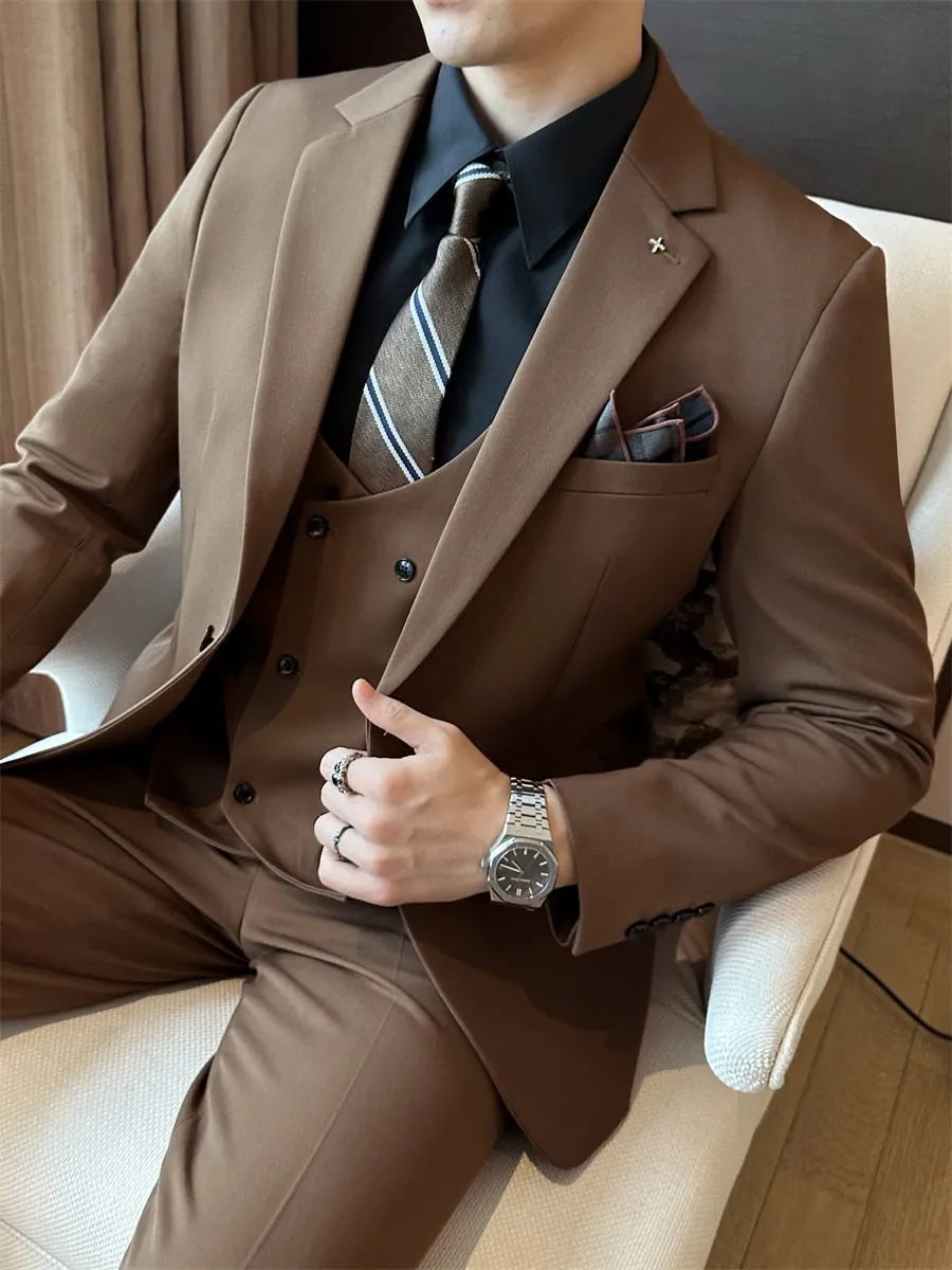 Men's slim fit business formal wear in chemical fibre blended fabric available in dark green, brown and camel colours
